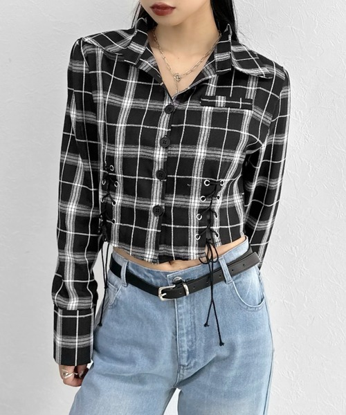 LVEU.(ラブユ.)の「【ZOZOTOWN限定】Lace-up design cropped check shirt / レースアップデザインクロップドチェックシャツ(シャツ/ブラウス・レディース・ブラック/ホワイト/ブラウン・FREE)」の1枚目の写真