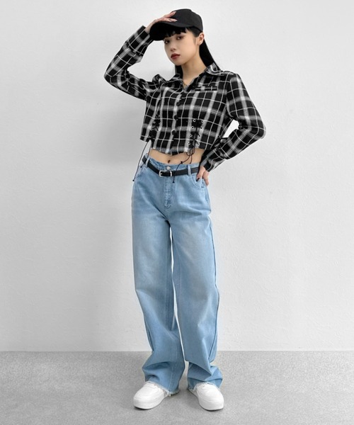 LVEU.(ラブユ.)の「【ZOZOTOWN限定】Lace-up design cropped check shirt / レースアップデザインクロップドチェックシャツ(シャツ/ブラウス・レディース・ブラック/ホワイト/ブラウン・FREE)」の16枚目の写真