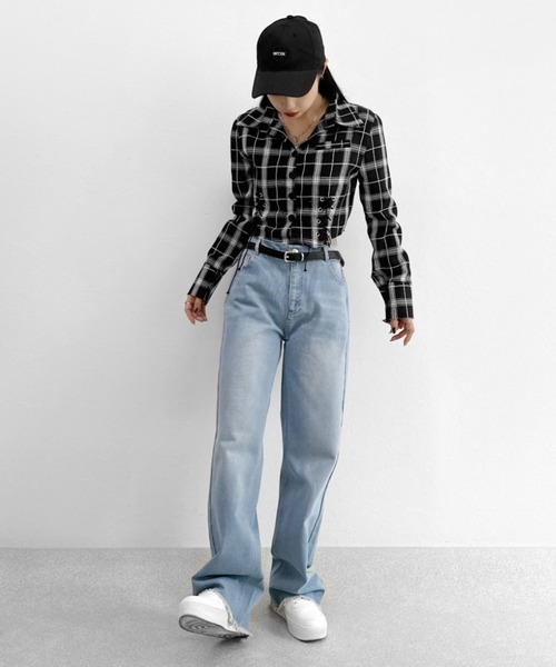 LVEU.(ラブユ.)の「【ZOZOTOWN限定】Lace-up design cropped check shirt / レースアップデザインクロップドチェックシャツ(シャツ/ブラウス・レディース・ブラック/ホワイト/ブラウン・FREE)」の7枚目の写真