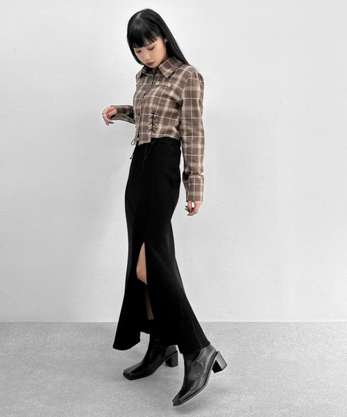 LVEU.(ラブユ.)の「【ZOZOTOWN限定】Lace-up design cropped check shirt / レースアップデザインクロップドチェックシャツ(シャツ/ブラウス・レディース・ブラック/ホワイト/ブラウン・FREE)」の12枚目の写真