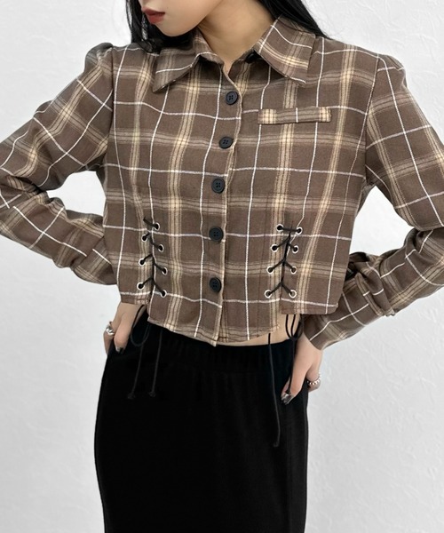 LVEU.(ラブユ.)の「【ZOZOTOWN限定】Lace-up design cropped check shirt / レースアップデザインクロップドチェックシャツ(シャツ/ブラウス・レディース・ブラック/ホワイト/ブラウン・FREE)」の18枚目の写真