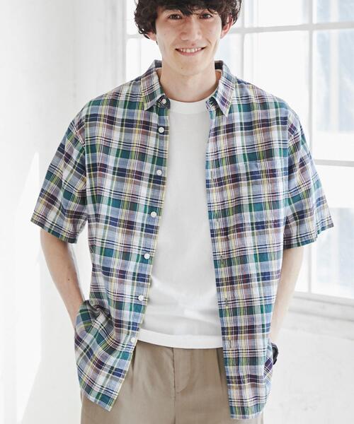 coen（コーエン）の「マドラスチェックショートスリーブシャツ（シャツ/ブラウス・メンズ・ダークグリーン/ネイビー・S/M/L/XL）」の6枚目の写真