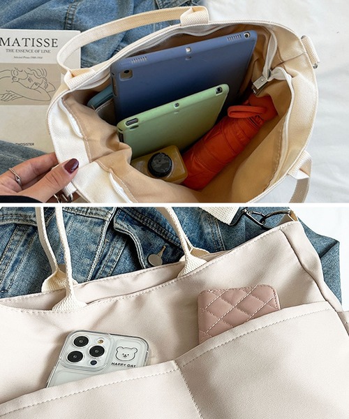 florist（フローリスト）の「【2WAY/3WAY】【軽量】シンプルカジュアルなキャンバストートバッグ/ショルダーバッグ/マザーズバッグ（トートバッグ・レディース・オフホワイト/ブラック/ベージュ・FREE）」の13枚目の写真