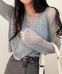 ニットインナー付きメッシュ編みトップス