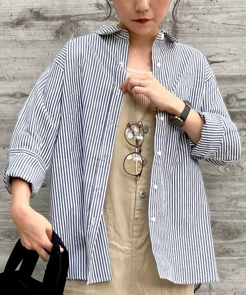 BACK NUMBER（バックナンバー）の「【BACK NUMBER】（Cafe Shirt）ブロードレギュラー長袖シャツ（シャツ/ブラウス・レディース・ホワイト/ホワイト×ネイビー/ホワイト×ブルー・M/L）」の3枚目の写真