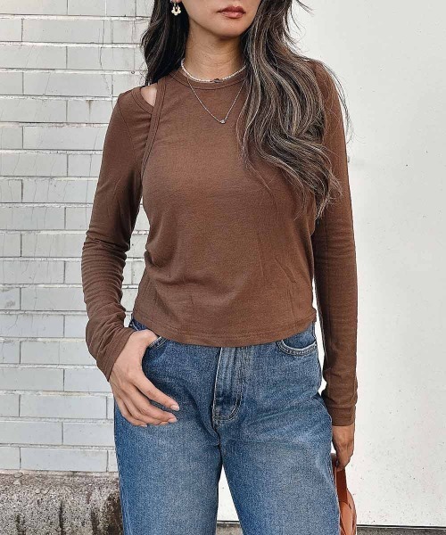 esutoreja(エストレジャ)の「ロングスリーブレイヤードトップス(Tシャツ/カットソー・レディース・ブラウン/ベージュ/スミクロ・FREE)」の1枚目の写真