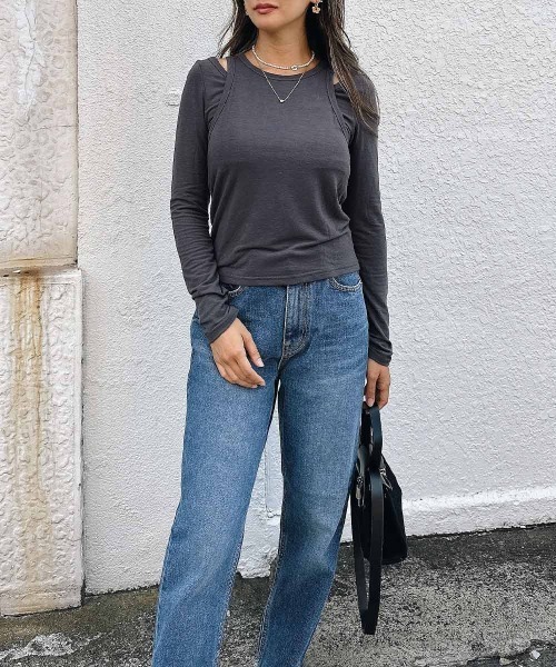 esutoreja(エストレジャ)の「ロングスリーブレイヤードトップス(Tシャツ/カットソー・レディース・ブラウン/ベージュ/スミクロ・FREE)」の5枚目の写真