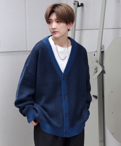 ビッグシルエット 柄アソートニットカーディガン ヘリンボーン