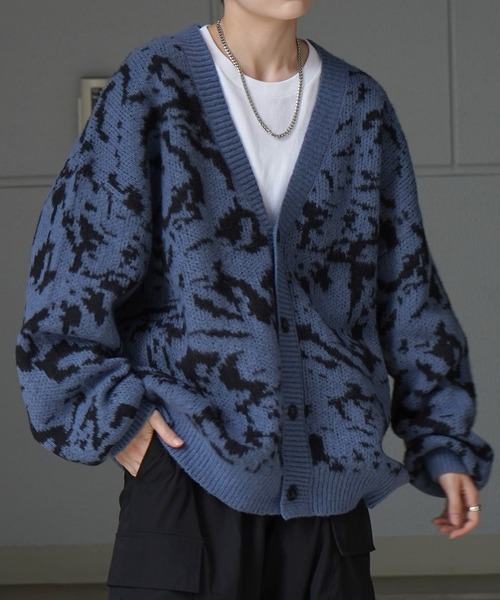 セール】ビッグシルエット 柄アソートニットカーディガン ヘリンボーン