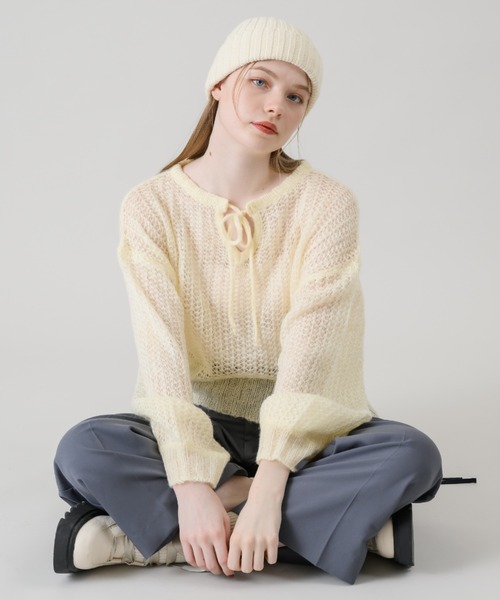 idem（イデム）の「mohair low gauge knit/モヘアメッシュニット（ニット/セーター・レディース・チャコールグレー/レッド/アイボリー/グレー・FREE）」の11枚目の写真