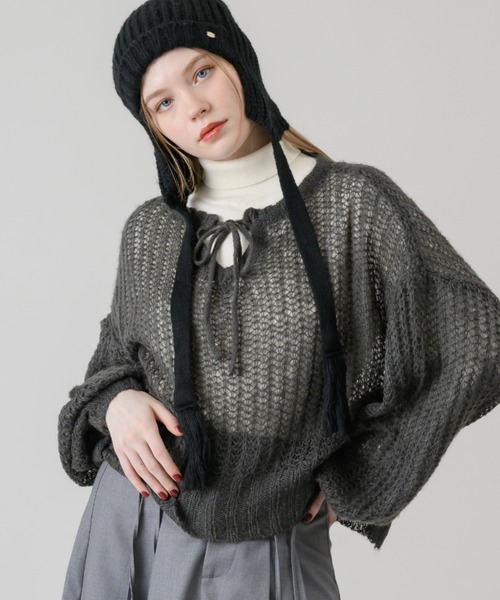idem（イデム）の「mohair low gauge knit/モヘアメッシュニット（ニット/セーター・レディース・チャコールグレー/レッド/アイボリー/グレー・FREE）」の6枚目の写真