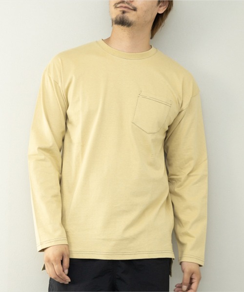 STYLEBLOCK(スタイルブロック)の「ピーチ天竺ポケット付きBIGロングTシャツ(配色ステッチ)(Tシャツ/カットソー・メンズ・ブラック/ネイビー/ベージュ/ホワイト・L/M/LL)」の4枚目の写真