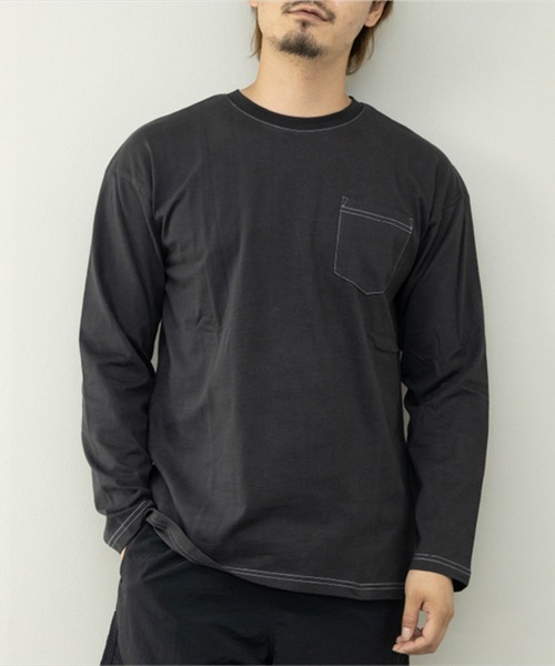 STYLEBLOCK(スタイルブロック)の「ピーチ天竺ポケット付きBIGロングTシャツ(配色ステッチ)(Tシャツ/カットソー・メンズ・ブラック/ネイビー/ベージュ/ホワイト・L/M/LL)」の3枚目の写真