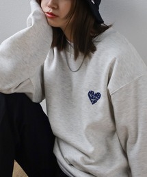 【0】ハートモチーフ ワンポイントロゴ刺繍 & サガラ刺繍 ラフスウェット/ ビッグシルエット/ 裏起毛/ 大人こなれ感
