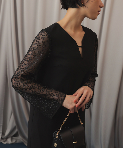 スローブイエナ habiスパンコールレーススリーブドレス 36 SLOBE IENA（スローブイエナ）の「habiスパンコールレース