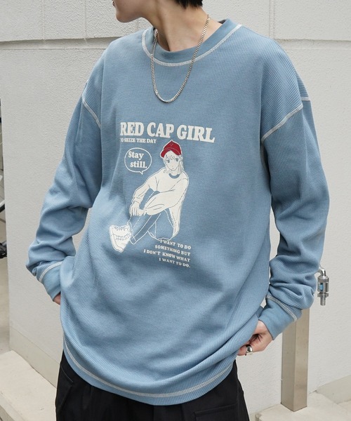Red Cap Girl(レッドキャプガール)の「【RED CAP GIRL】アウトステッチ / ワンポイント胸刺繍 ビッグシルエットワッフルロンT(Tシャツ/カットソー・メンズ・ブラック/ブラック系その他/ホワイト系その他/ブルー系その他/ブルー/アイボリー・L/M)」の5枚目の写真