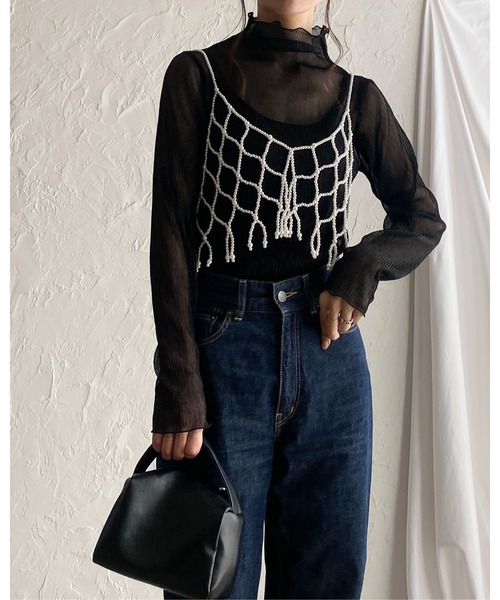 She's Closet(シーズクローゼット)の「ハイネックメロウフリルプリーツ長袖グリッターラメシアートップス(Tシャツ/カットソー・レディース・シルバー×ブルー/ブラック/ベージュ・FREE)」の10枚目の写真