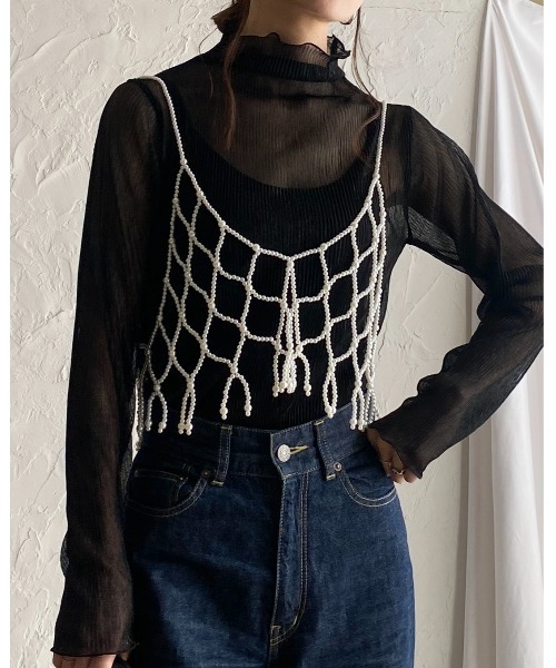 She's Closet(シーズクローゼット)の「ハイネックメロウフリルプリーツ長袖グリッターラメシアートップス(Tシャツ/カットソー・レディース・シルバー×ブルー/ブラック/ベージュ・FREE)」の19枚目の写真