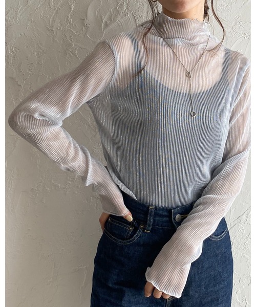 She's Closet(シーズクローゼット)の「ハイネックメロウフリルプリーツ長袖グリッターラメシアートップス(Tシャツ/カットソー・レディース・シルバー×ブルー/ブラック/ベージュ・FREE)」の21枚目の写真