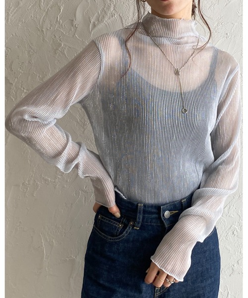 She's Closet(シーズクローゼット)の「ハイネックメロウフリルプリーツ長袖グリッターラメシアートップス(Tシャツ/カットソー・レディース・シルバー×ブルー/ブラック/ベージュ・FREE)」の22枚目の写真