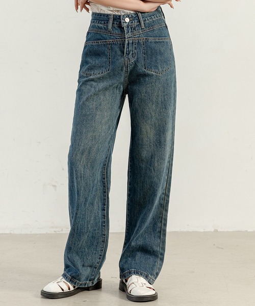 DAY CLOSET（デイ クローゼット）の「【大きいサイズ有】ヴィンテージライクステッチデニムワイドパンツ レディース（デニムパンツ・レディース・ダークインディゴブルー/ブルー・XL/L/M/S/2XL）」の2枚目の写真