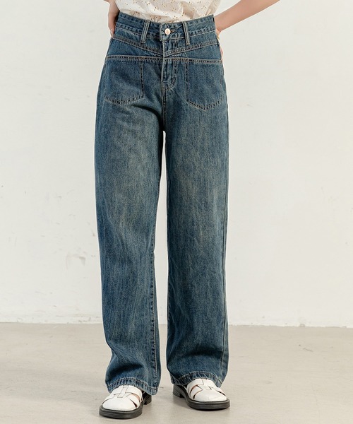DAY CLOSET（デイ クローゼット）の「【大きいサイズ有】ヴィンテージライクステッチデニムワイドパンツ レディース（デニムパンツ・レディース・ダークインディゴブルー/ブルー・XL/L/M/S/2XL）」の3枚目の写真