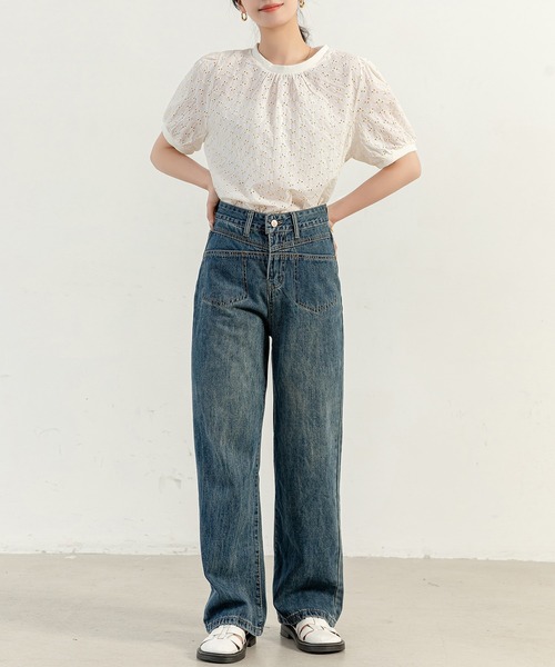 DAY CLOSET（デイ クローゼット）の「【大きいサイズ有】ヴィンテージライクステッチデニムワイドパンツ レディース（デニムパンツ・レディース・ダークインディゴブルー/ブルー・XL/L/M/S/2XL）」の6枚目の写真