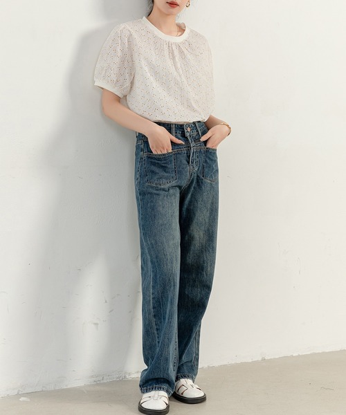 DAY CLOSET（デイ クローゼット）の「【大きいサイズ有】ヴィンテージライクステッチデニムワイドパンツ レディース（デニムパンツ・レディース・ダークインディゴブルー/ブルー・XL/L/M/S/2XL）」の9枚目の写真