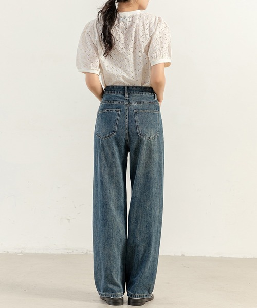 DAY CLOSET（デイ クローゼット）の「【大きいサイズ有】ヴィンテージライクステッチデニムワイドパンツ レディース（デニムパンツ・レディース・ダークインディゴブルー/ブルー・XL/L/M/S/2XL）」の10枚目の写真