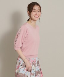 ◆【UV／洗える／アンチピリング／通勤】袖スリットレースニット