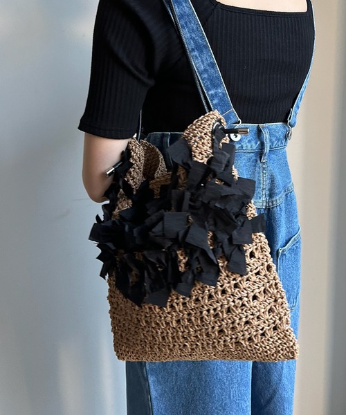 DouDou（ドゥドゥ）の「【WEB限定】ペーパー手編みリボントート（ハンドバッグ・レディース・ブラック/グレー・FREE）」の12枚目の写真