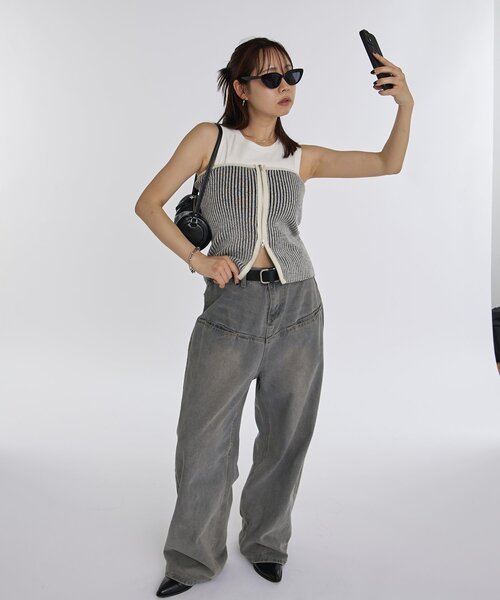 WHO'S WHO gallery（フーズフーギャラリー）の「ニットジップビスチェ（チューブトップ・レディース・オフホワイト/ブラック・FREE）」の6枚目の写真