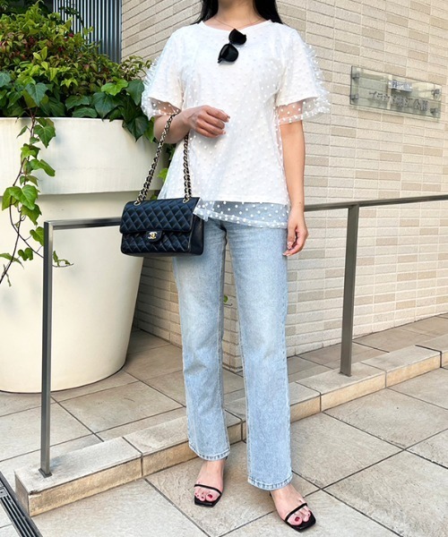 MODE ROBE（モードローブ）の「ドットチュールレイヤードTシャツ（Tシャツ/カットソー・レディース・チャコールグレー/ホワイト・FREE）」の6枚目の写真
