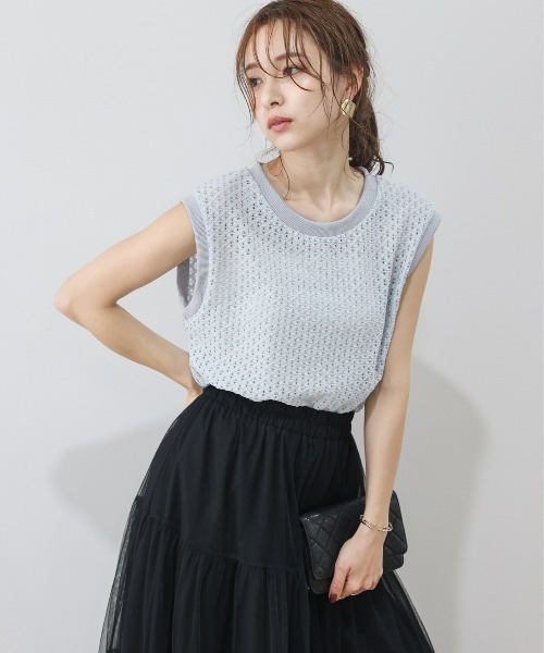 La-gemme(ラジェム)の「ニットレースフレンチスリーブプルオーバー(Tシャツ/カットソー・レディース・ブラック/ライトグレー/ピンク/ホワイト・フリー)」の3枚目の写真