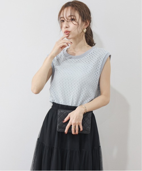 La-gemme(ラジェム)の「ニットレースフレンチスリーブプルオーバー(Tシャツ/カットソー・レディース・ブラック/ライトグレー/ピンク/ホワイト・フリー)」の16枚目の写真
