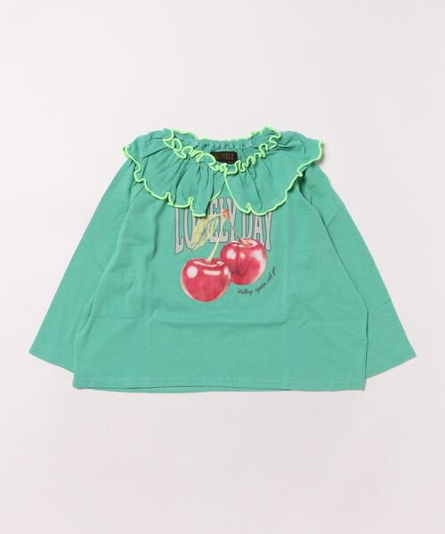 BIG FIELD（ビッグフィールド）の「襟フリルラグランロンティー（Tシャツ/カットソー・キッズ・ピンク/ライトグリーン/チャコール/オフホワイト・80/90/95/100/110/120/130/140/150）」の4枚目の写真