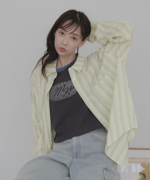 3.3 Field Trip （3.3フィールドトリップ）の「3.3 Field Trip／ストライプシアーシャツ（シャツ/ブラウス・レディース・ピンク/グリーン・FREE）」の2枚目の写真