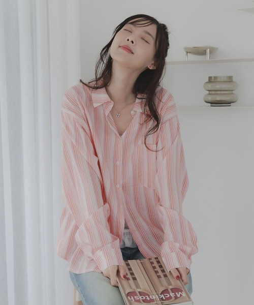 3.3 Field Trip （3.3フィールドトリップ）の「3.3 Field Trip／ストライプシアーシャツ（シャツ/ブラウス・レディース・ピンク/グリーン・FREE）」の15枚目の写真