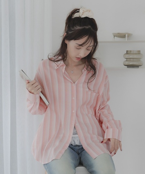 3.3 Field Trip （3.3フィールドトリップ）の「3.3 Field Trip／ストライプシアーシャツ（シャツ/ブラウス・レディース・ピンク/グリーン・FREE）」の16枚目の写真