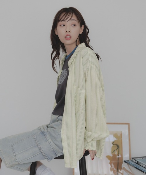 3.3 Field Trip （3.3フィールドトリップ）の「3.3 Field Trip／ストライプシアーシャツ（シャツ/ブラウス・レディース・ピンク/グリーン・FREE）」の3枚目の写真