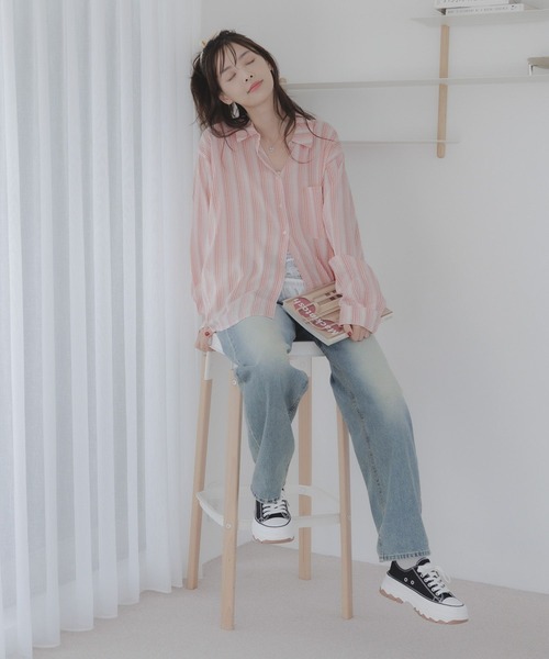 3.3 Field Trip （3.3フィールドトリップ）の「3.3 Field Trip／ストライプシアーシャツ（シャツ/ブラウス・レディース・ピンク/グリーン・FREE）」の4枚目の写真