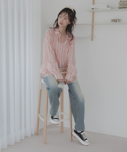 3.3 Field Trip （3.3フィールドトリップ）の「3.3 Field Trip／ストライプシアーシャツ（シャツ/ブラウス・レディース・ピンク/グリーン・FREE）」の6枚目の写真