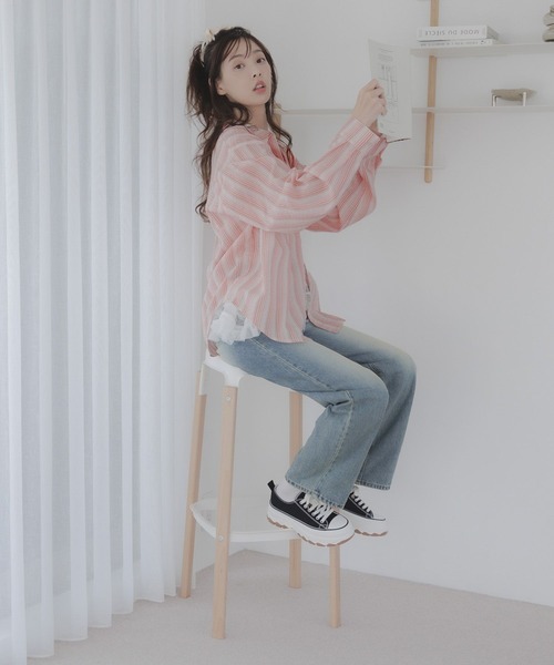 3.3 Field Trip （3.3フィールドトリップ）の「3.3 Field Trip／ストライプシアーシャツ（シャツ/ブラウス・レディース・ピンク/グリーン・FREE）」の7枚目の写真