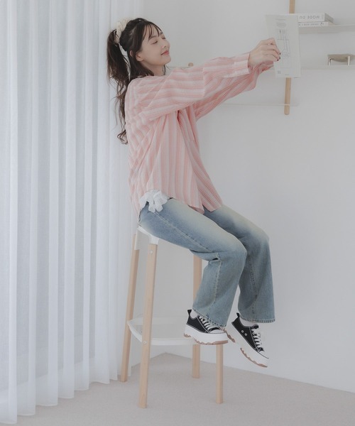 3.3 Field Trip （3.3フィールドトリップ）の「3.3 Field Trip／ストライプシアーシャツ（シャツ/ブラウス・レディース・ピンク/グリーン・FREE）」の8枚目の写真