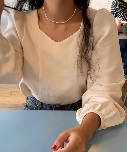 【ルネ】お袖おリボン♡パフスリーブ♡ブラウス セール】バックシアーリボンパフスリーブブラウス（シャツ