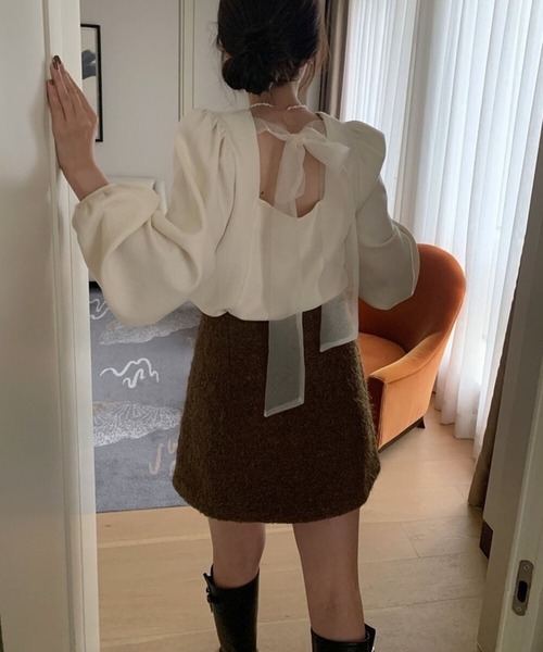 【ルネ】お袖おリボン♡パフスリーブ♡ブラウス セール】バックシアーリボンパフスリーブブラウス（シャツ