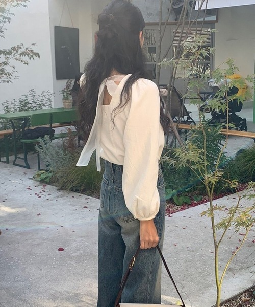 【ルネ】お袖おリボン♡パフスリーブ♡ブラウス セール】バックシアーリボンパフスリーブブラウス（シャツ