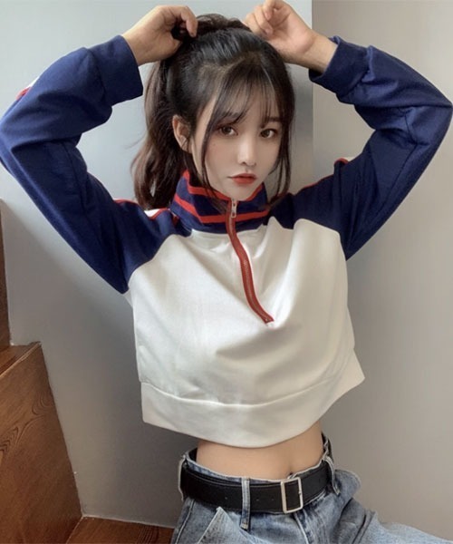 トップス mai セール】【Mayree】サイドライン ハーフジップ ショート丈