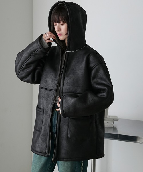 セール】【forksy.】リバーシブルボアフーディージップジャケット