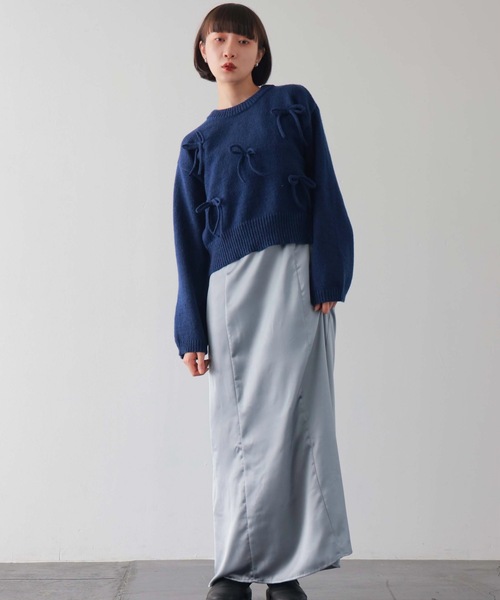 PURE BRIGHT（ピュアブライト）の「リボンモチーフニットプルオーバー（ニット/セーター・レディース・グレー/ネイビー・FREE）」の7枚目の写真